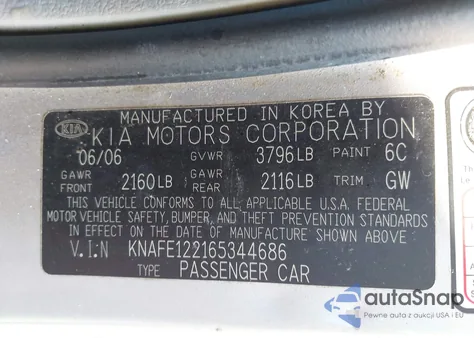 2006 Kia Spectra Ex/Lx/Sx z USA, uszkodzony, nr VIN KNAFE122165344686